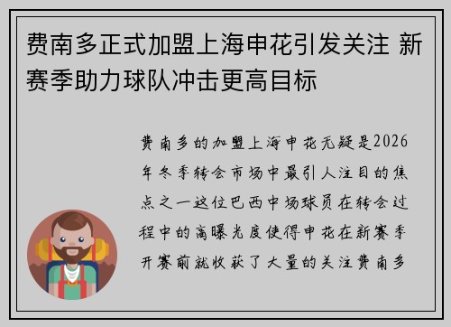 费南多正式加盟上海申花引发关注 新赛季助力球队冲击更高目标