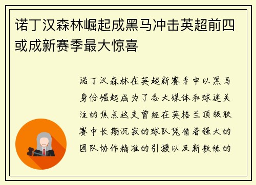诺丁汉森林崛起成黑马冲击英超前四或成新赛季最大惊喜 诺丁汉森林崛起成黑马冲击英超前四或成新赛季最大惊喜